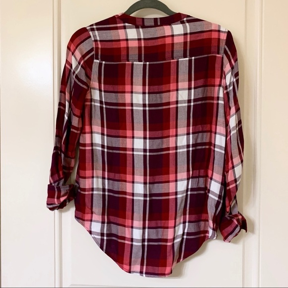 EXPRESS Red Lace-Up Plaid Check Long-Sleeve Blouse Shirt - Picture 3 of 4